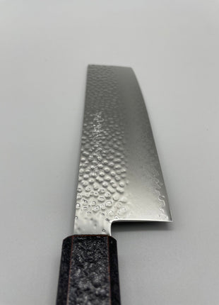 【菜切包丁】槌目ダマスカス 166mm 漆塗り（青烈火黒）八角柄
