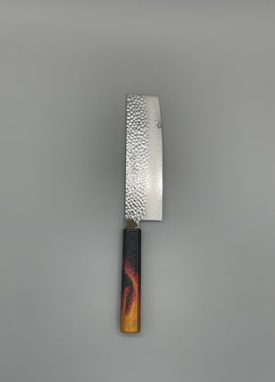 【菜切包丁】槌目ダマスカス 166mm 漆塗り（火炎漆）八角柄
