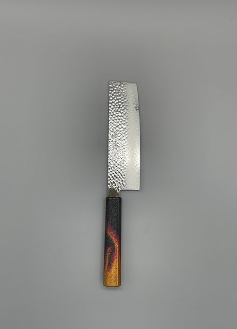【菜切包丁】槌目ダマスカス 166mm 漆塗り（火炎漆）八角柄