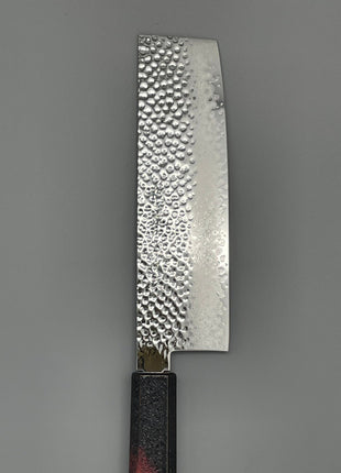 【菜切包丁】槌目ダマスカス 166mm 漆塗り（火炎漆）八角柄