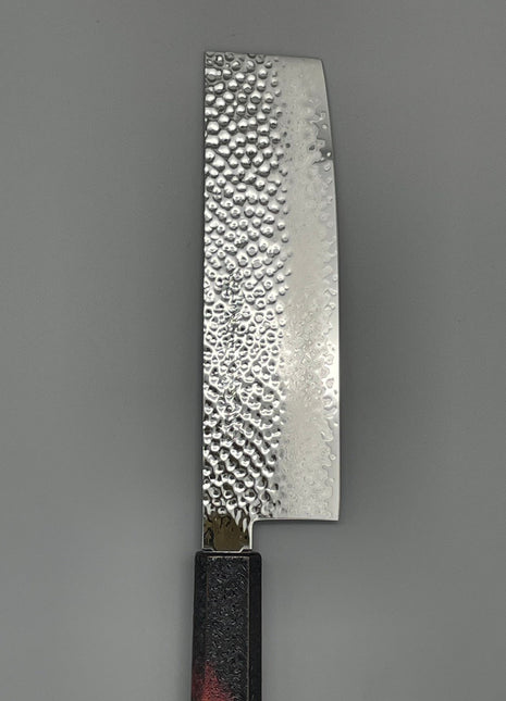 【菜切包丁】槌目ダマスカス 166mm 漆塗り（火炎漆）八角柄