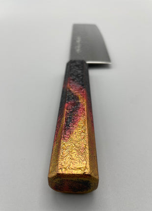 【菜切包丁】槌目ダマスカス 166mm 漆塗り（火炎漆）八角柄