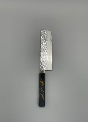 【菜切包丁】槌目ダマスカス 166mm 漆塗り（稲妻）八角柄