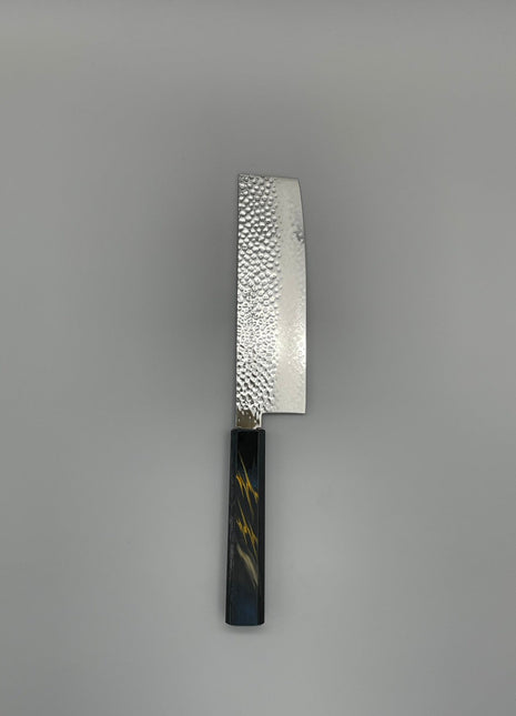 【菜切包丁】槌目ダマスカス 166mm 漆塗り（稲妻）八角柄