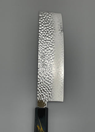 【菜切包丁】槌目ダマスカス 166mm 漆塗り（稲妻）八角柄