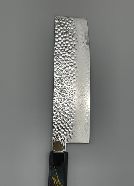 【菜切包丁】槌目ダマスカス 166mm 漆塗り（稲妻）八角柄