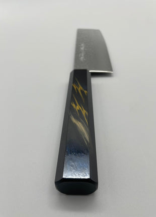 【菜切包丁】槌目ダマスカス 166mm 漆塗り（稲妻）八角柄