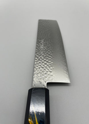 【菜切包丁】槌目ダマスカス 166mm 漆塗り（稲妻）八角柄