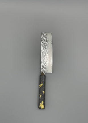 【菜切包丁】槌目ダマスカス 166mm 漆塗り（銀金箔）八角柄