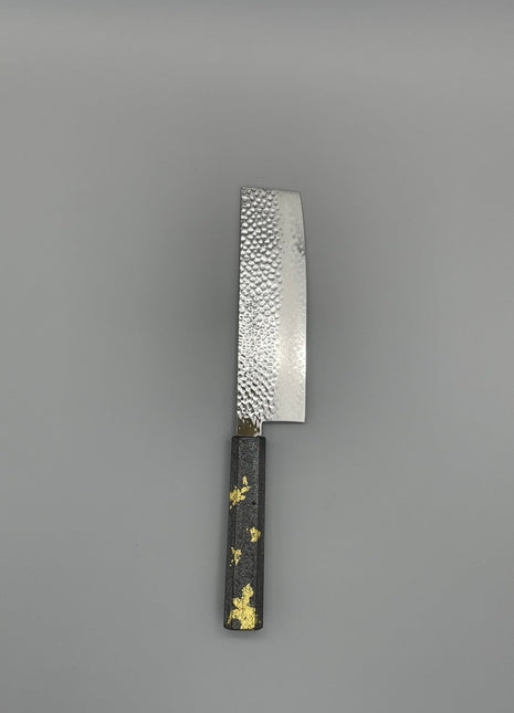 【菜切包丁】槌目ダマスカス 166mm 漆塗り（銀金箔）八角柄