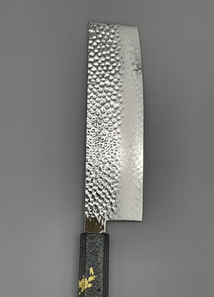 【菜切包丁】槌目ダマスカス 166mm 漆塗り（銀金箔）八角柄