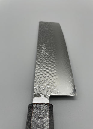 【菜切包丁】槌目ダマスカス 166mm 漆塗り（銀金箔）八角柄