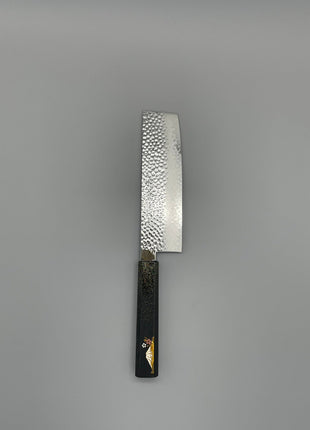 【菜切包丁】槌目ダマスカス 166mm 漆塗り（富士山と桜）八角柄