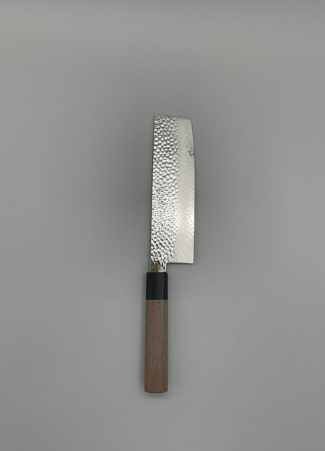 【菜切包丁】槌目ダマスカス 166mm 黒合板とくるみ八角柄