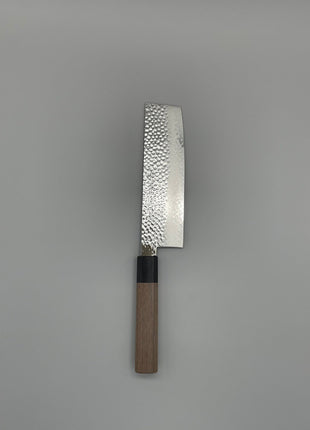 【菜切包丁】槌目ダマスカス 166mm 黒合板とくるみ八角柄