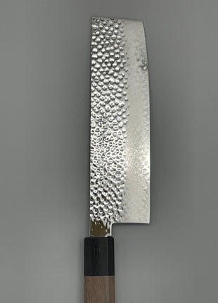 【菜切包丁】槌目ダマスカス 166mm 黒合板とくるみ八角柄