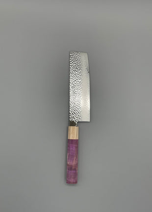 【菜切包丁】槌目ダマスカス 166mm メープルとスタビライズドウッド（ピンク）八角柄