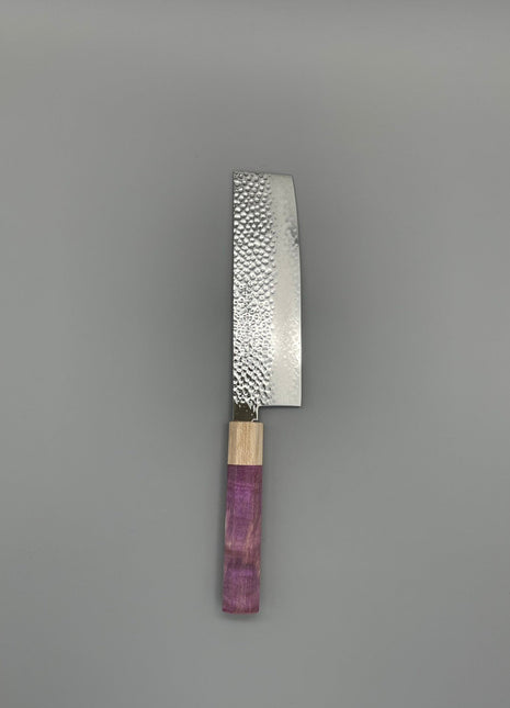 【菜切包丁】槌目ダマスカス 166mm メープルとスタビライズドウッド（ピンク）八角柄