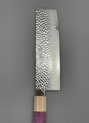 【菜切包丁】槌目ダマスカス 166mm メープルとスタビライズドウッド（ピンク）八角柄
