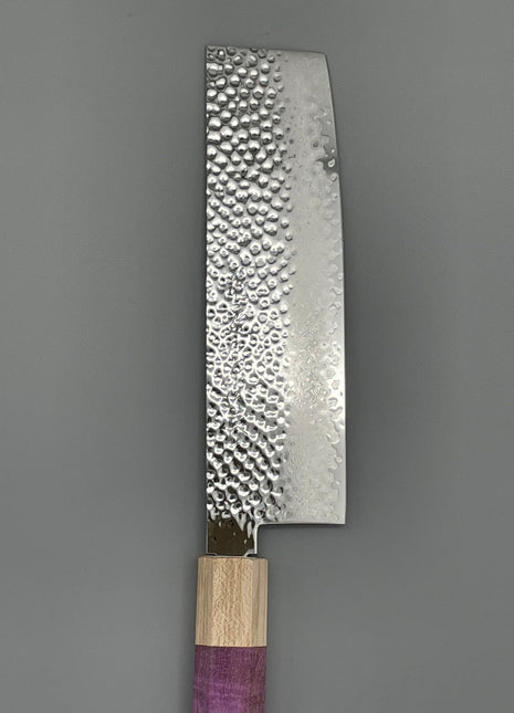 【菜切包丁】槌目ダマスカス 166mm メープルとスタビライズドウッド（ピンク）八角柄