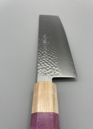 【菜切包丁】槌目ダマスカス 166mm メープルとスタビライズドウッド（ピンク）八角柄