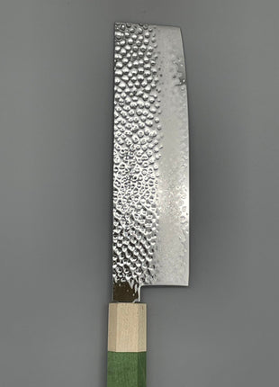 【菜切包丁】槌目ダマスカス 166mm メープルとスタビライズドウッド（グリーン）八角柄