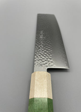 【菜切包丁】槌目ダマスカス 166mm メープルとスタビライズドウッド（グリーン）八角柄