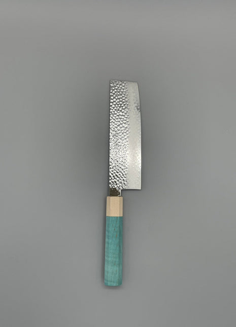 【菜切包丁】槌目ダマスカス 166mm メープルとスタビライズドウッド（ブルー）八角柄