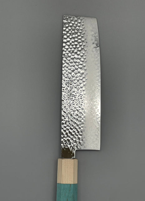 【菜切包丁】槌目ダマスカス 166mm メープルとスタビライズドウッド（ブルー）八角柄