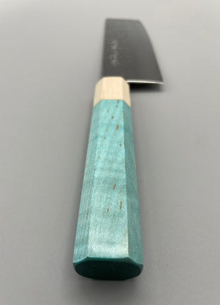 【菜切包丁】槌目ダマスカス 166mm メープルとスタビライズドウッド（ブルー）八角柄