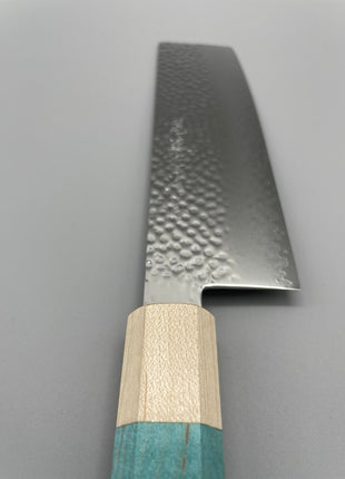 【菜切包丁】槌目ダマスカス 166mm メープルとスタビライズドウッド（ブルー）八角柄