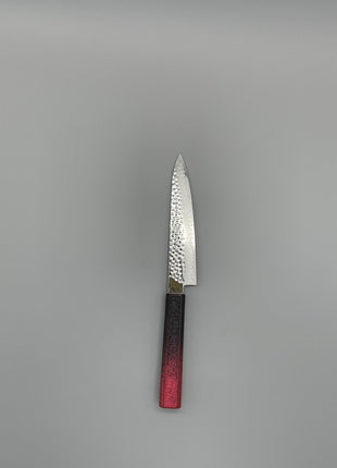 【ペティナイフ】槌目ダマスカス 150mm 漆塗り（赤烈火黒）八角柄