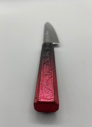 【ペティナイフ】槌目ダマスカス 150mm 漆塗り（赤烈火黒）八角柄