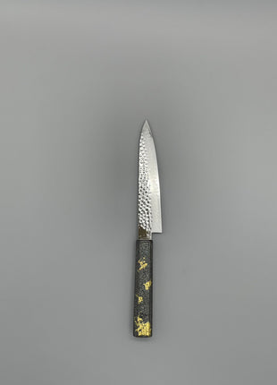【ペティナイフ】槌目ダマスカス 150mm 漆塗り（銀金箔）八角柄