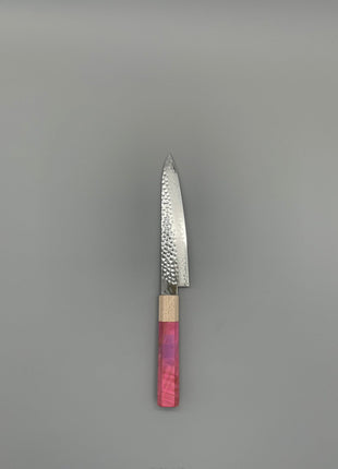 【ペティナイフ】槌目ダマスカス 150mm メープルとスタビライズドウッド（ピンク）八角柄