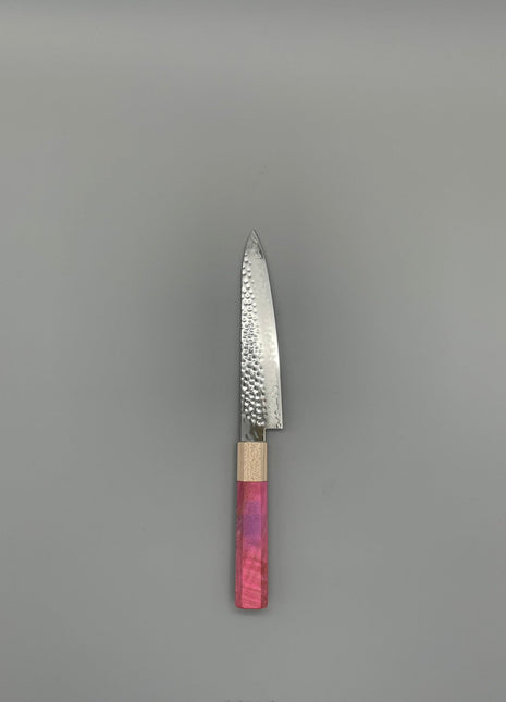 【ペティナイフ】槌目ダマスカス 150mm メープルとスタビライズドウッド（ピンク）八角柄