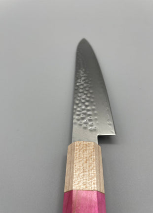 【ペティナイフ】槌目ダマスカス 150mm メープルとスタビライズドウッド（ピンク）八角柄