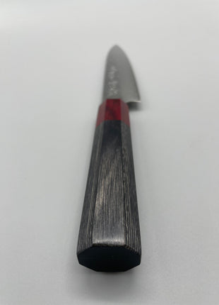 【ペティナイフ】槌目ダマスカス 150mm 赤合板と黒合板八角柄