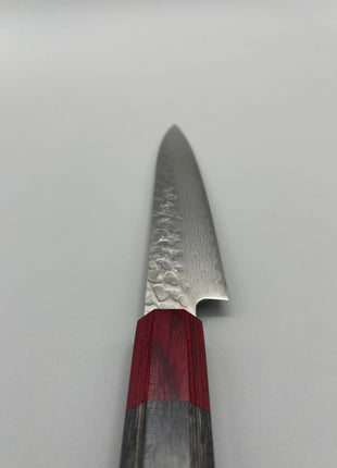 【ペティナイフ】槌目ダマスカス 150mm 赤合板と黒合板八角柄