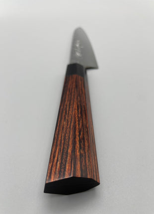 【ペティナイフ】槌目3層鋼 150mm 黒合板と茶合板七角柄