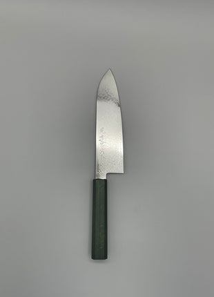 【三徳包丁】ダマスカス 185mm 漆塗り（緑漆）八角柄