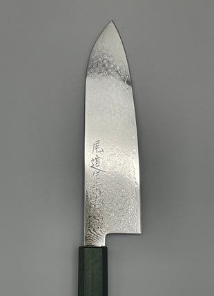 【三徳包丁】ダマスカス 185mm 漆塗り（緑漆）八角柄