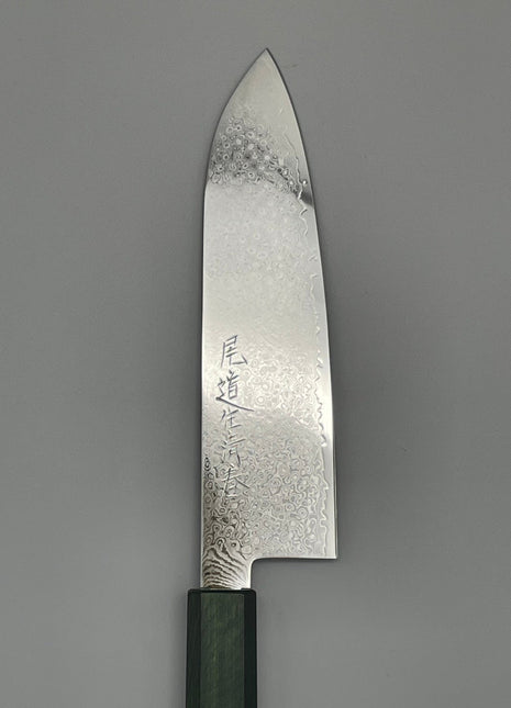 【三徳包丁】ダマスカス 185mm 漆塗り（緑漆）八角柄