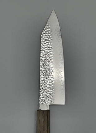 【切付包丁】槌目ダマスカス 183mm 漆塗り（透木目）八角柄
