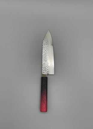 【切付包丁】槌目ダマスカス 183mm 漆塗り（赤烈火黒）八角柄