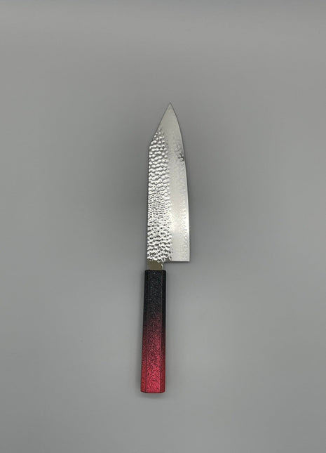【切付包丁】槌目ダマスカス 183mm 漆塗り（赤烈火黒）八角柄