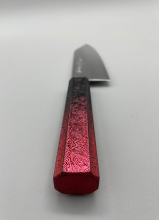 【切付包丁】槌目ダマスカス 183mm 漆塗り（赤烈火黒）八角柄