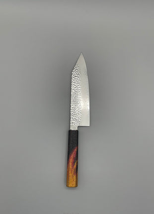 【切付包丁】槌目ダマスカス 183mm 漆塗り（火炎漆）八角柄