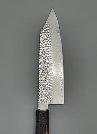 【切付包丁】槌目ダマスカス 183mm 漆塗り（火炎漆）八角柄