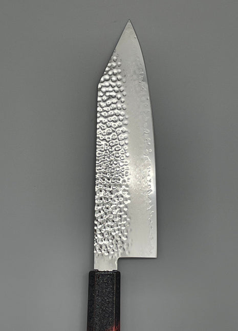 【切付包丁】槌目ダマスカス 183mm 漆塗り（火炎漆）八角柄